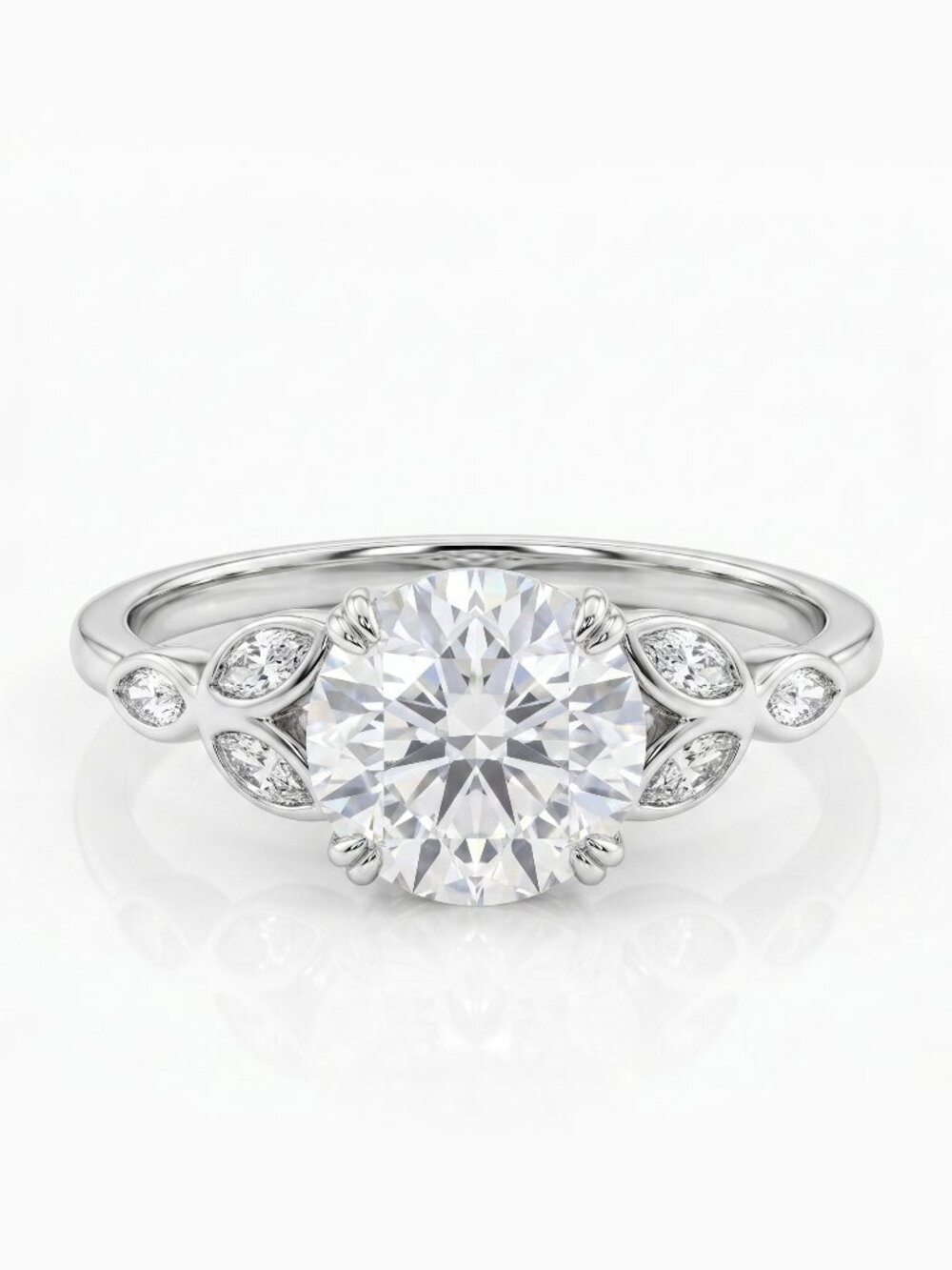 Classic Engagement Style Round Halo ring with leaf band,  925 Sterling Silver
